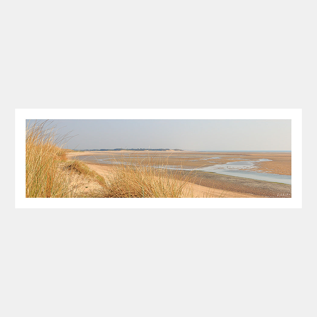 Photographie panoramique de la plage à marée basse et des dunes de Saint-Germain-sur-Ay vers Pirou-Plage, Cotentin, Manche, Normandie, France.