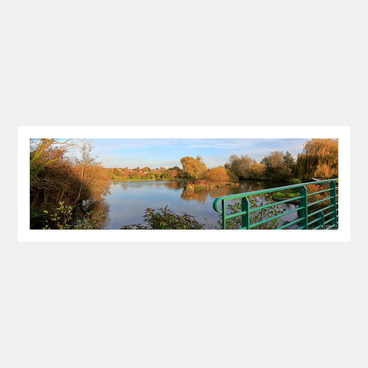 Photographie d'un étang et des marais depuis un pont dans les Hortillonnages d'Amiens à Camon en automne, Vallée de la Somme, Somme, Hauts-de-France, France.