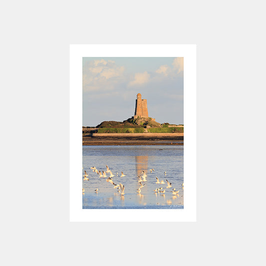 Poster photo 1899 Le fort de la Hougue avec des mouettes au couchant