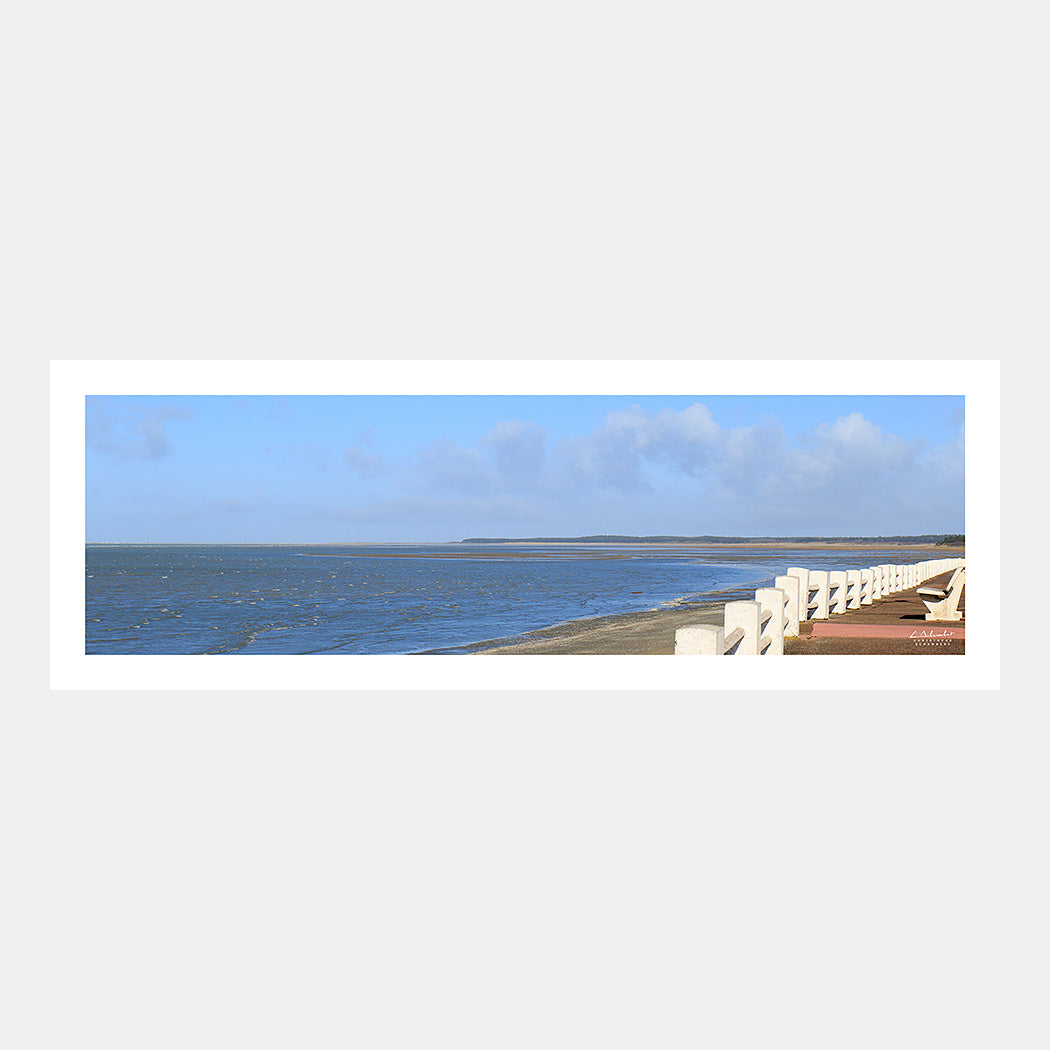 Photographie panoramique de la baie de Somme et des dunes du Parc du Marquenterre depuis la promenade du Crotoy le matin en hiver, Baie de Somme, Côte Picarde, Somme, Hauts-de-France, France.