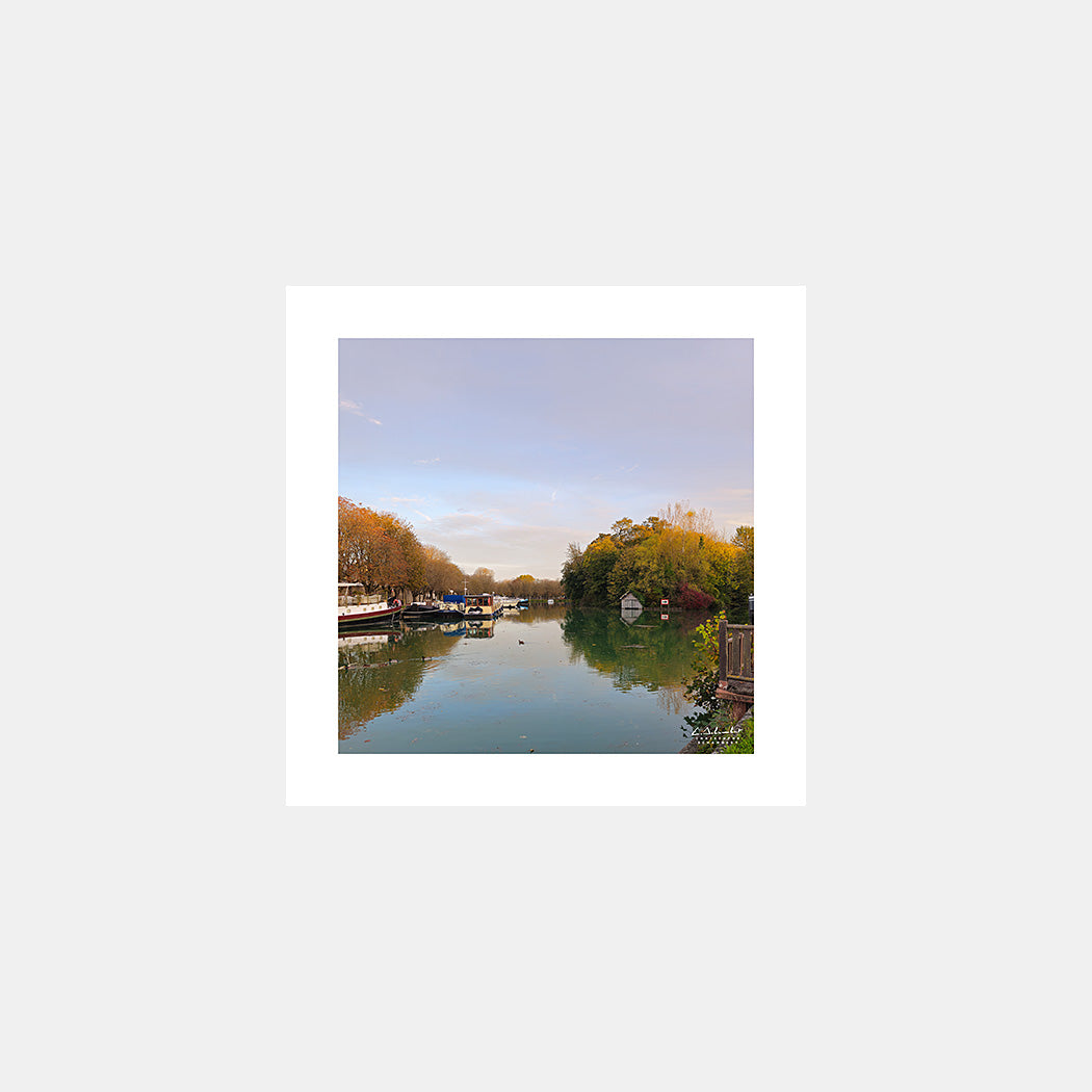 Photographie de l'Ile aux oiseaux au milieu du canal de la Marne à Châlons-en-Champagne avec les péniches en automne au soleil couchant, Champagne, Marne, Grand-Est, France.