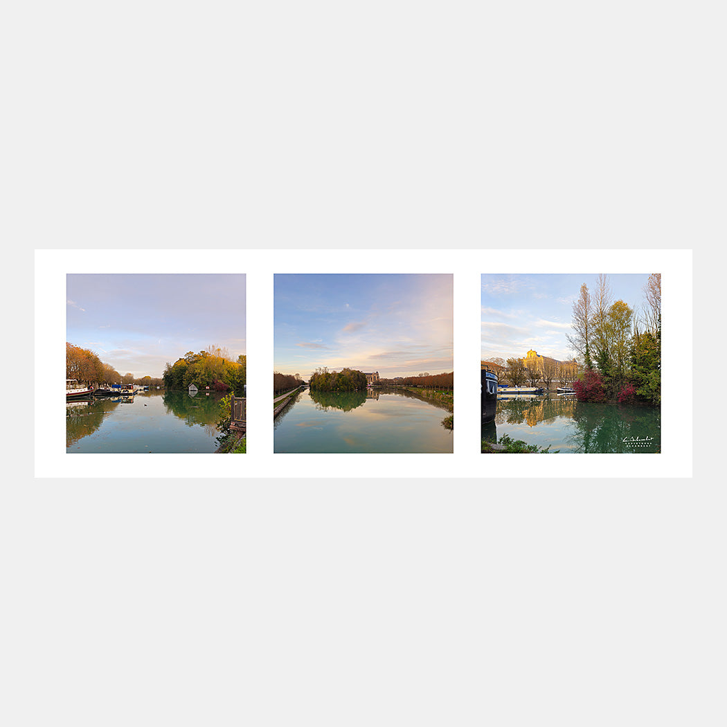 Photographies en triptyque horizontal du canal de la Marne à Châlons-en-Champagne avec la cathédrale et les péniches en automne au soleil couchant, Champagne, Marne, Grand Est, France.