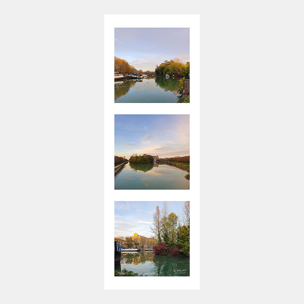 Photographies en triptyque vertical du canal de la Marne à Châlons-en-Champagne avec la cathédrale et les péniches en automne au soleil couchant, Champagne, Marne, Grand Est, France.