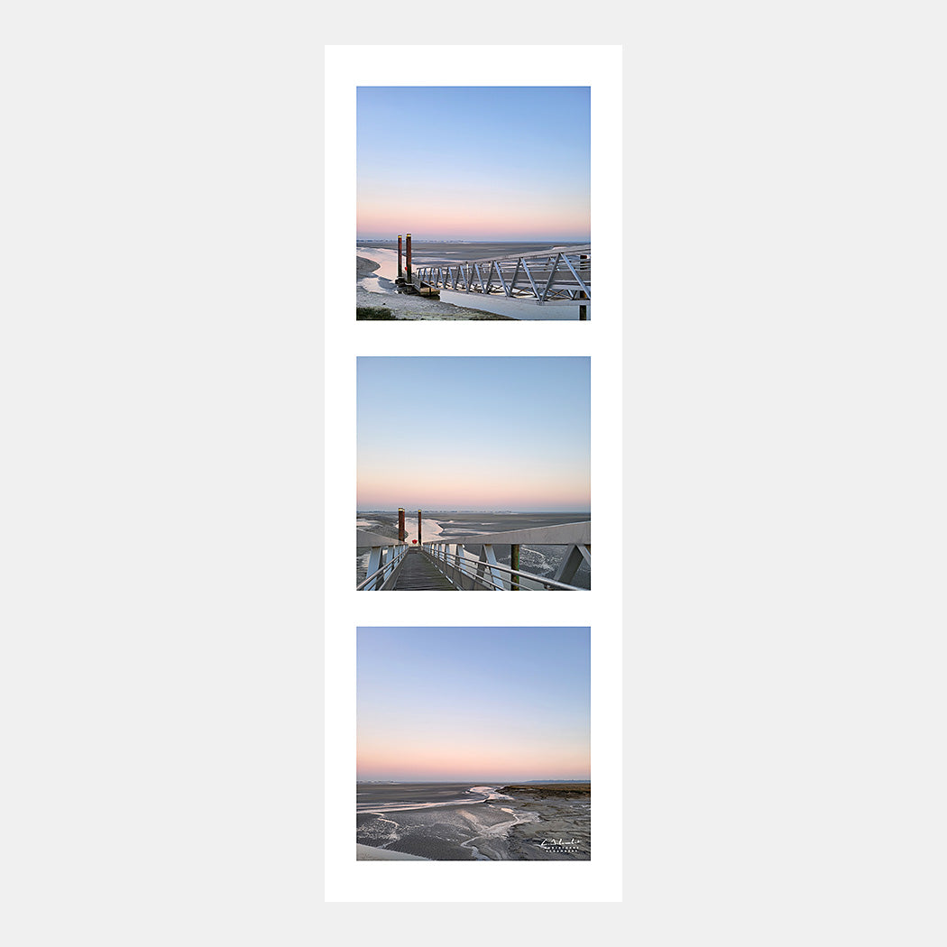 Photographies en triptyque vertical de la baie de Somme depuis la passerelle de l'embarcadère du port du Hourdel dans la lumière rose du soleil couchant, Baie de Somme, Côte Picarde, Somme, Hauts-de-France, France.