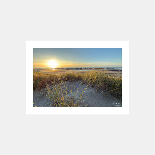 Photographie d'un coucher de soleil flamboyant depuis les dunes sur la plage et les bouchots entre le Parc du Marquenterre et Quend, Côte Picarde, Somme, Hauts-de-France, France.